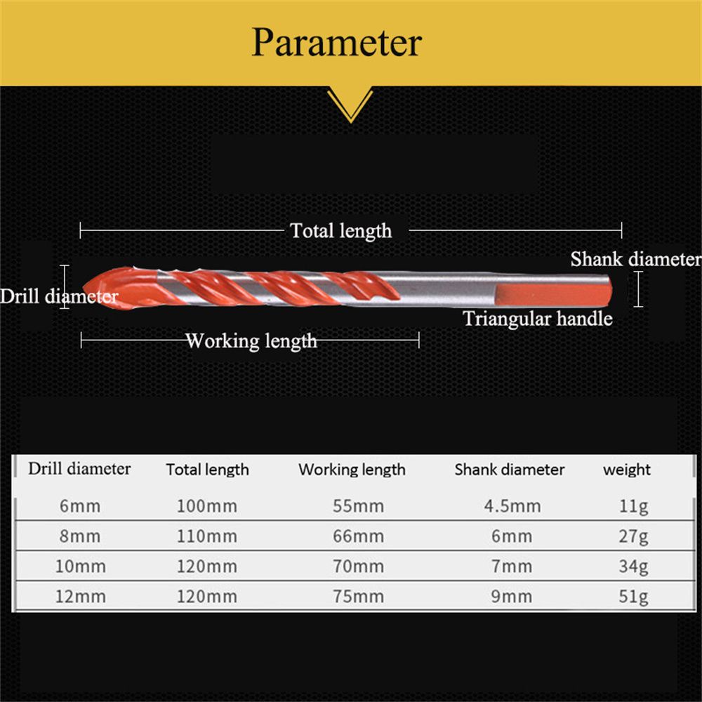 MUVAKO Mũi khoan tam giác 6mm 8mm 10mm 12mm chuyên dụng cho vật liệu kính/gạch men/kim loại