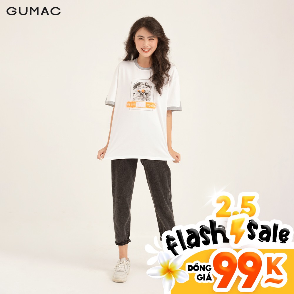 [Mã WABRGU giảm 50k đơn từ 0đ] Áo thun nữ phom rộng in phối viền GUMAC đủ màu freesize phong cách năng động ATB123