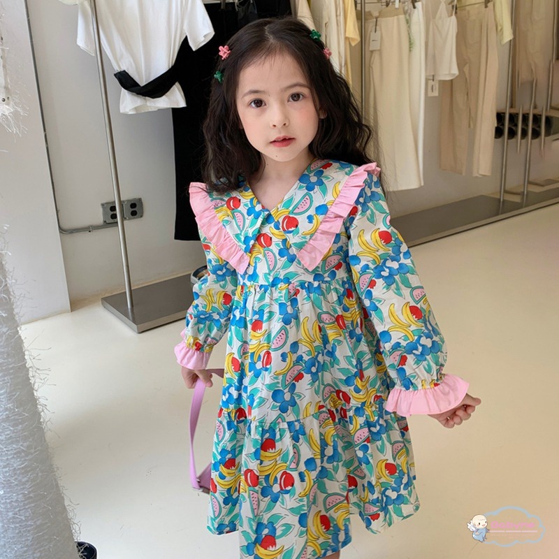 Đầm Tay Phồng Cổ Tròn In Hoa Thời Trang Xinh Xắn Cho Bé Gái