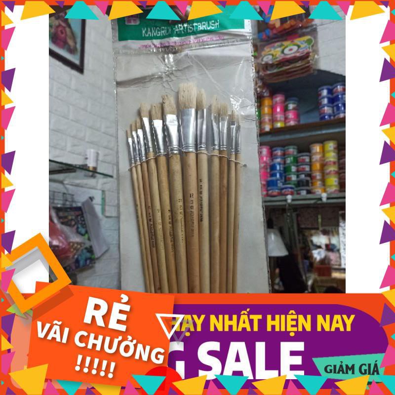 Bộ bút đầu dẹt, lông lợn rừng trắng cứng 12 cây.