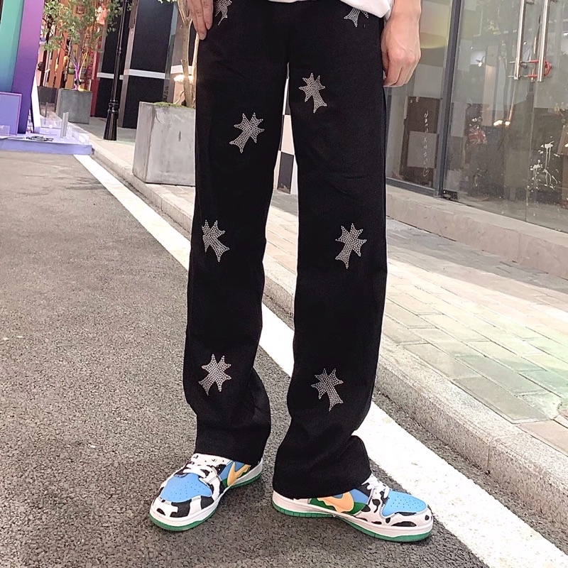 Quần Jean Ống Suông Hoạ Tiết Chrome Heart Tee-ayy Phong Cách Đường Phố