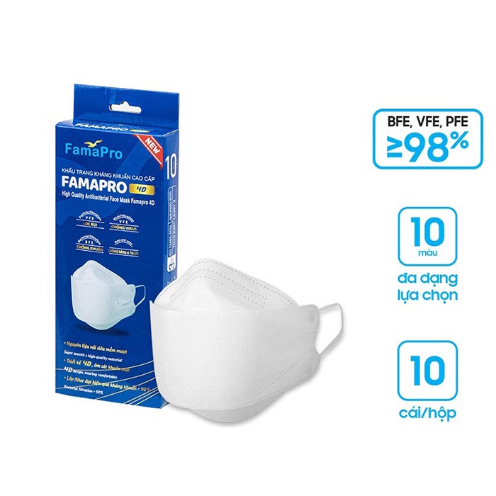 Hộp 10 Cái Khẩu Trang Y Tế 3 Lớp, 4 Lớp 4D KF94 Famapro (Nam Anh) - Kháng Khuẩn - Lọc Bụi Mịn