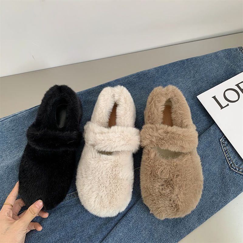 Jiashucheng Giày Lười Cotton Lót Lông Cừu Đế Mềm Màu Trắng Mary Jane Thời Trang Mùa Đông Mới Cho Nữ