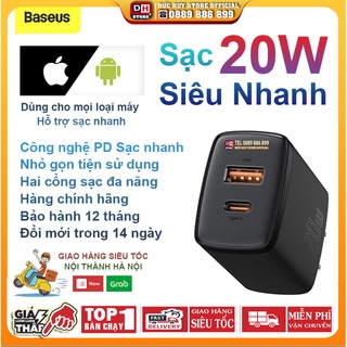 Bộ sạc Baseus kép cổng USB PD loại C 20W hỗ trợ sạc nhanh cho iPhone 12