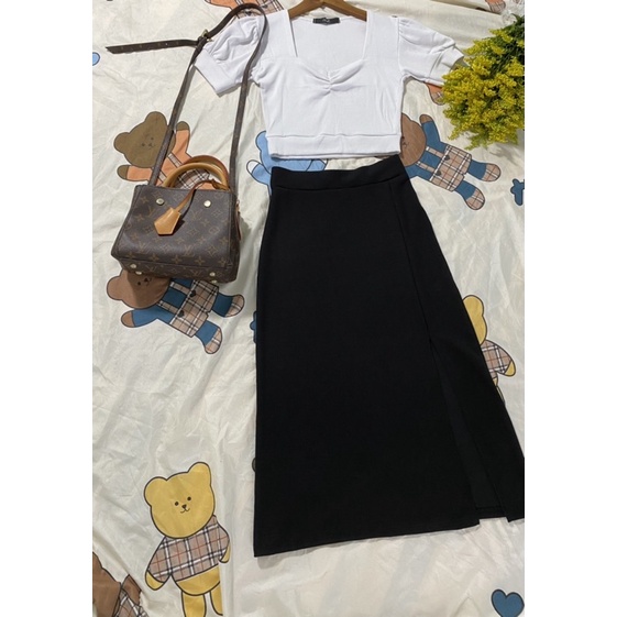 váy dài xẻ đùi kèm áo croptop tay phồng nguyên set dự tiệc dạo phố siêu xinh-S3xưởng 21A