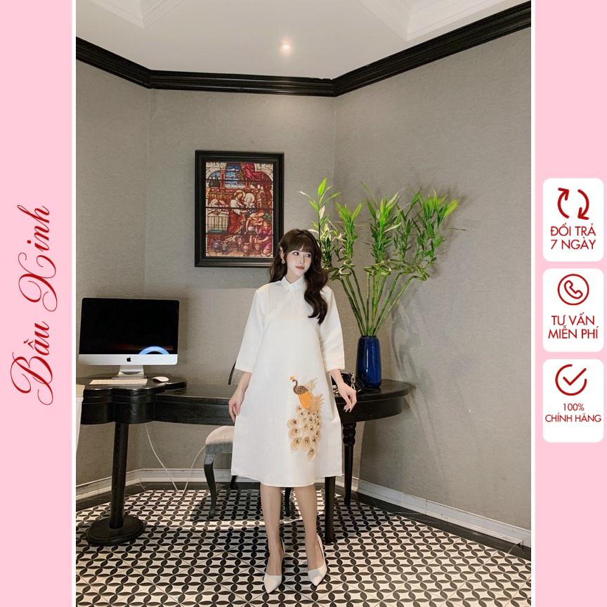 Áo dài cách tân chất đũi tằm mướt nhẹ, đầm bầu diện tết chụp ảnh xuân rất tôn dáng