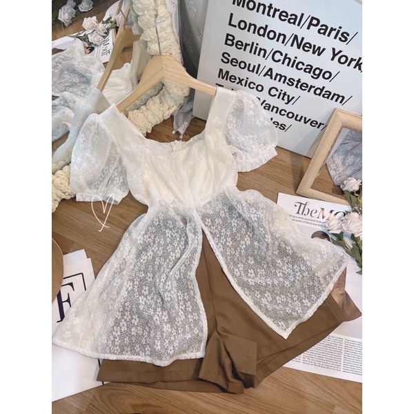 SET ÁO PEPLUM REN XẺ + QUẦN SHORT NÂU