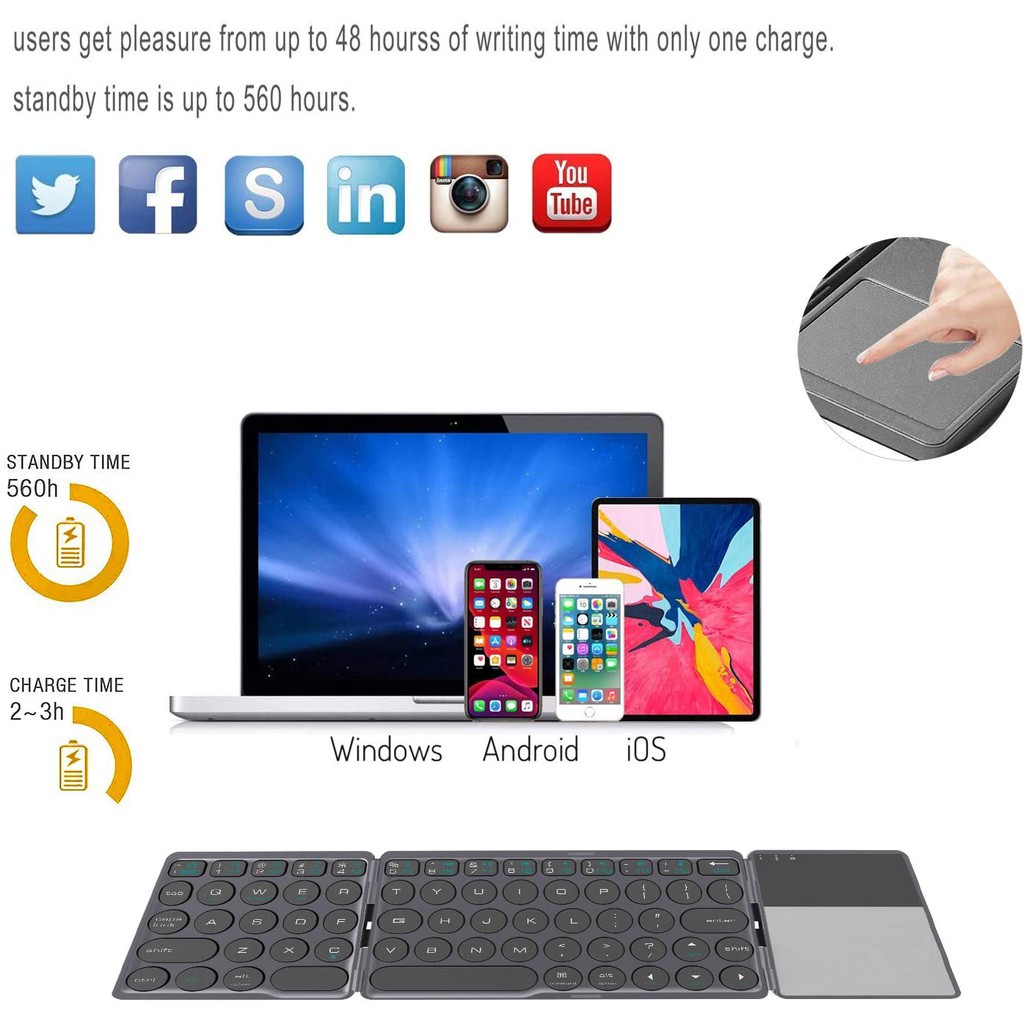 Bàn phím Bluetooth có thể gập lại, Bàn phím Bluetooth không dây di động siêu mỏng, siêu nhẹ cho iPad, iPhone, Tương thích với các thiết bị máy tính bảng iOS, Android và Windows