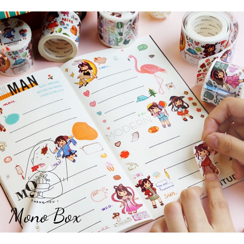 [Chiết] Washi tape mã CB019 4x35cm, băng keo dán trang trí họa tiết chibi Mono_box