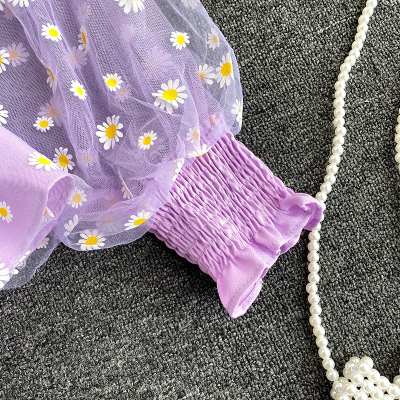 ORDER Áo cổ vuông tay bồng phối lưới hoa cúc bánh bèo công chúa