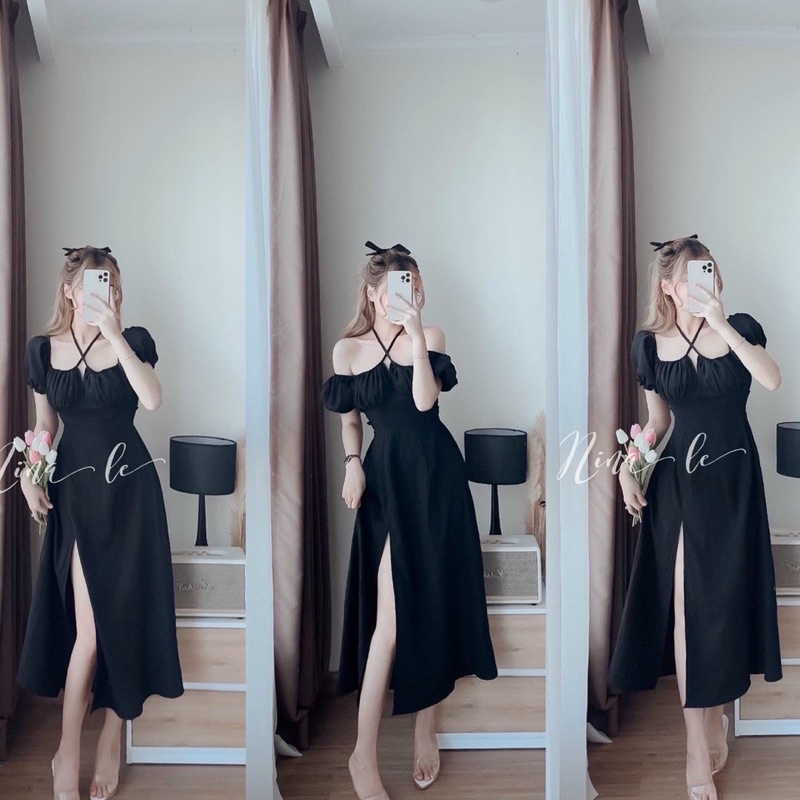 Váy Maxi Dáng Dài Trễ Vai Cổ Vuông Tay Bồng Xẻ Tà Hở Lưng Đi Biển Chun Lưng