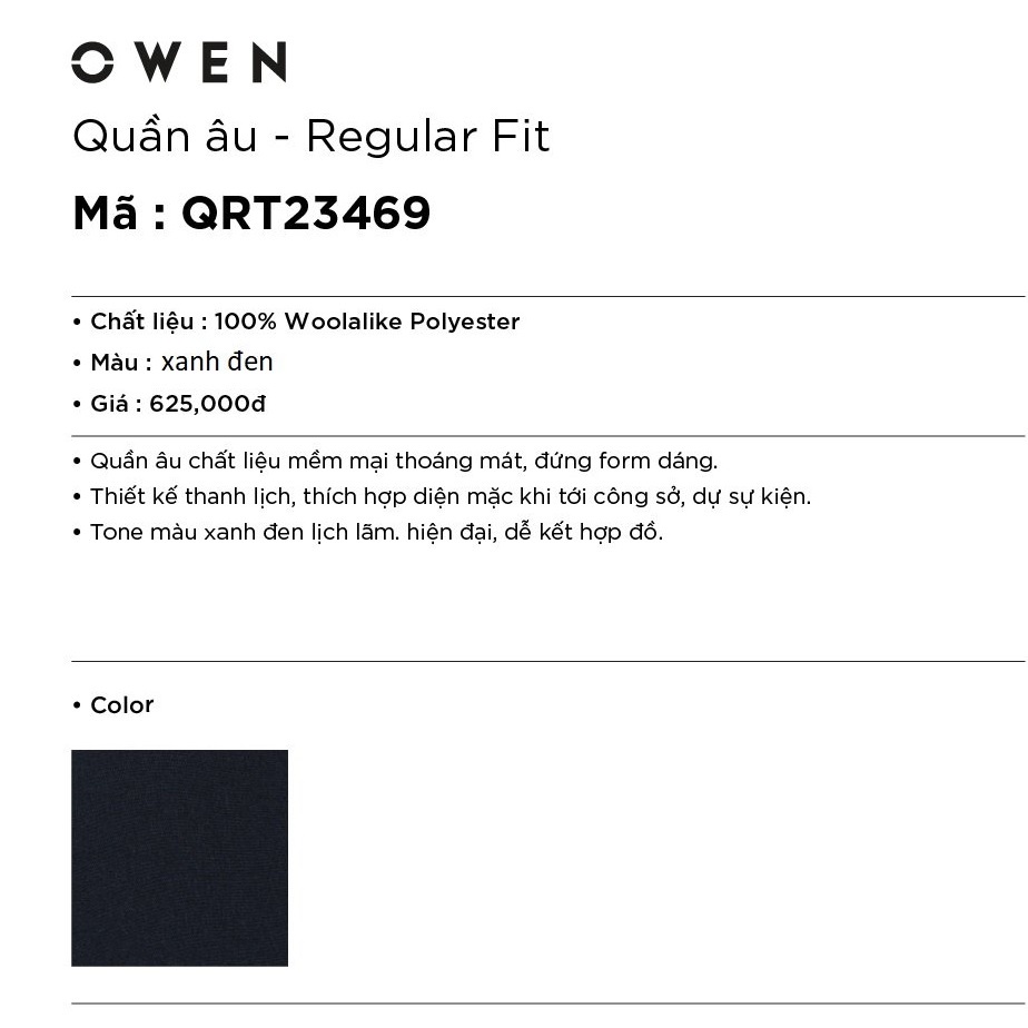 Quần Âu Nam Quần Tây Công Sở Cao Cấp Owen QRT23469 Dài Chân Dáng Suông Cạp Tăng Đơ Màu Xanh Đen Vải Polyester Mềm Mại