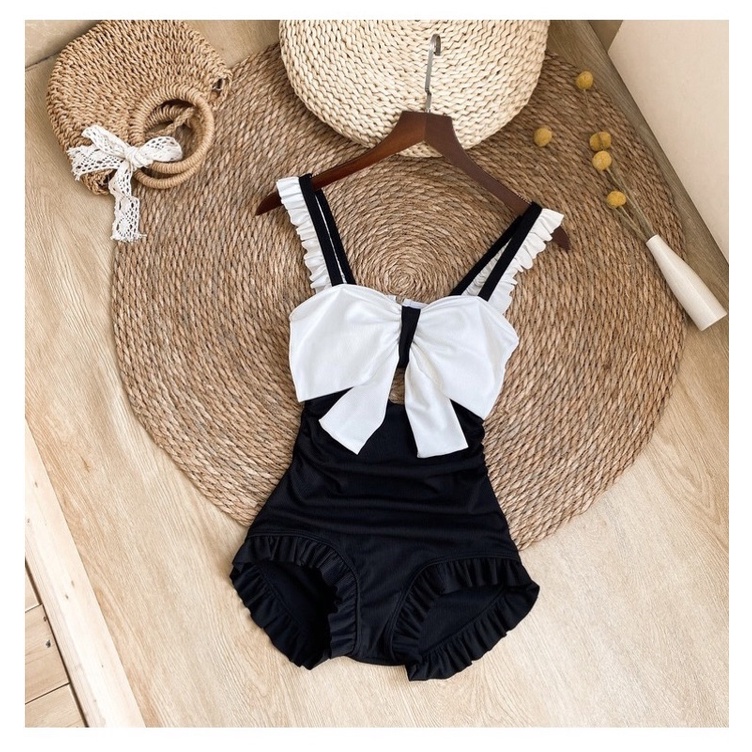Bikini/ bơi liền bèo nhún 2 dây tạo hình nơ ngực trắng ngây thơ phong cách Ulzzang/ biển hè M19