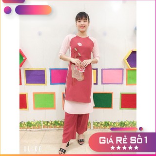 Bộ Áo Dài Đi Chùa 4 Tà Thêu Hoa Sen Cực Đẹp Chất Liệu Vải Đũi, mềm, mịn mặc rất mát 2021