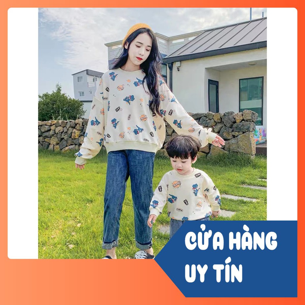 SET ÁO NỈ MẸ BÉ KHỦNG LONG MÀU BE Xịn