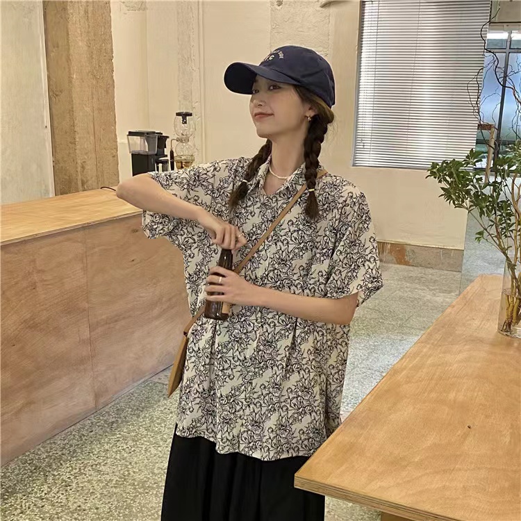 SUXI Áo Sơ Mi Tay Ngắn Dáng Rộng Kiểu Vintage Thời Trang Mùa Hè Cho Nữ