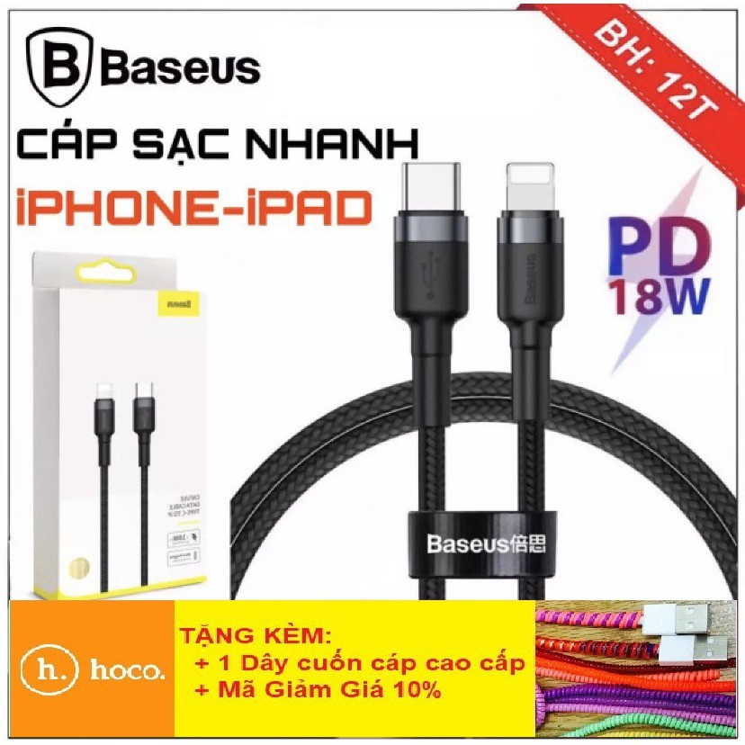 Dây Sạc Nhanh iPhone PD 18W Dài 1M Cáp Sạc iPhone PD 18W Baseus Type C to Lightning Siêu Bền BH 12 Tháng