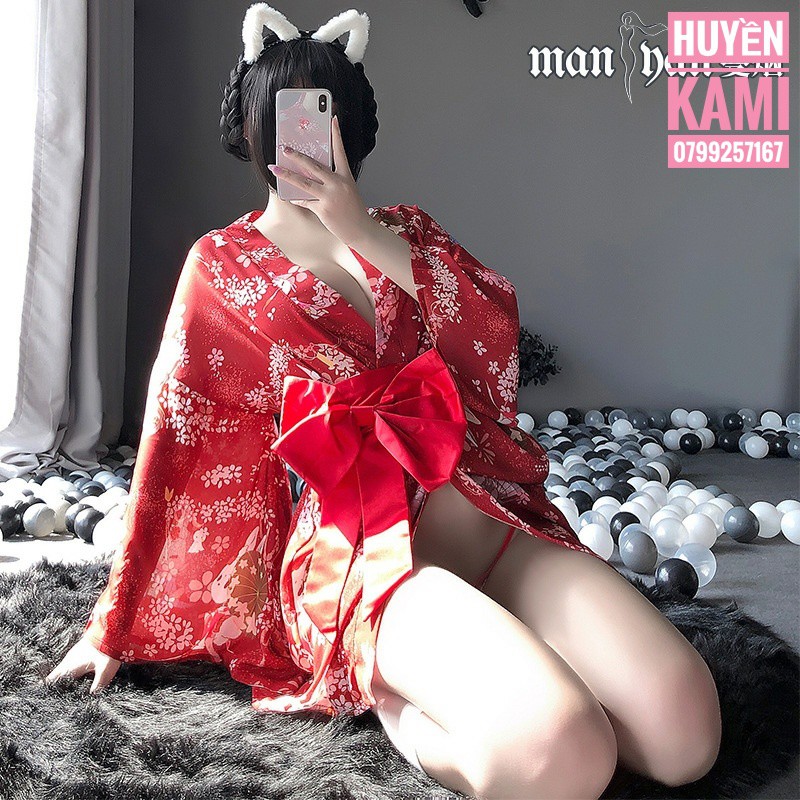 Đồ ngủ cosplay sexy kimono hoa anh đào Nhật Bản đỏ gợi cảm quyến rũ + quần chip G-string