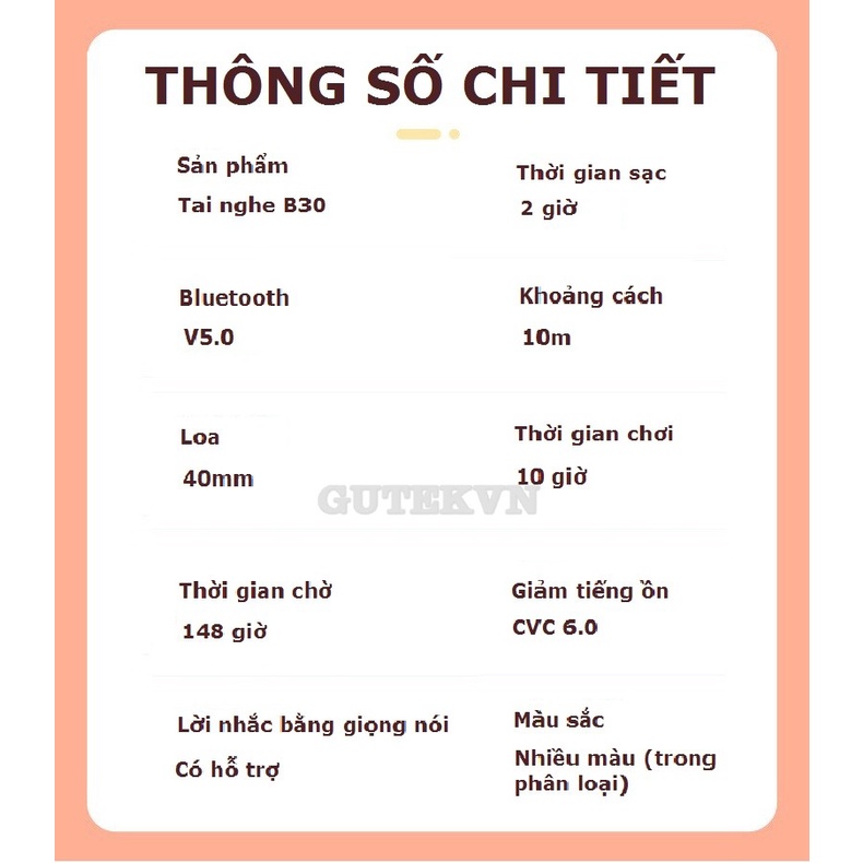 Tai nghe bluetooth chụp tai không dây tai mèo đèn led 7 màu Gutek B30 có mic chống ồn tốt