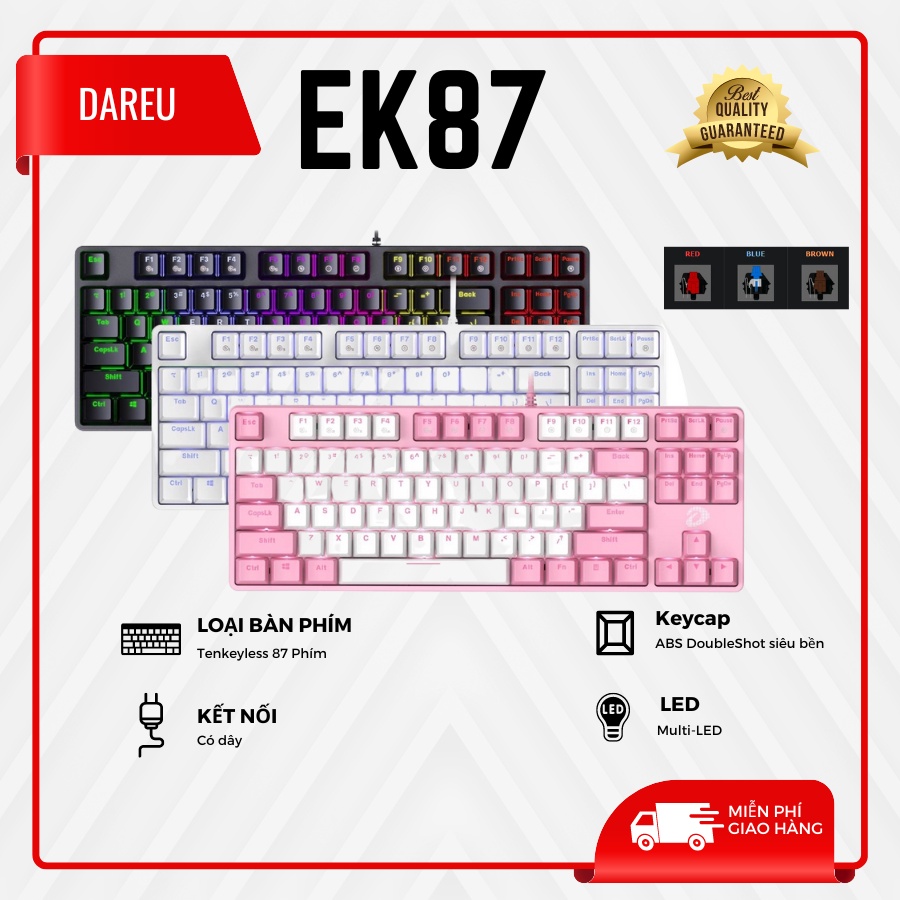 Bàn phím cơ gaming Dareu EK87 Multi LED có dây chuyên gaming PC red brown blue switch chính hãng Dareu-Bảo hành 24 tháng