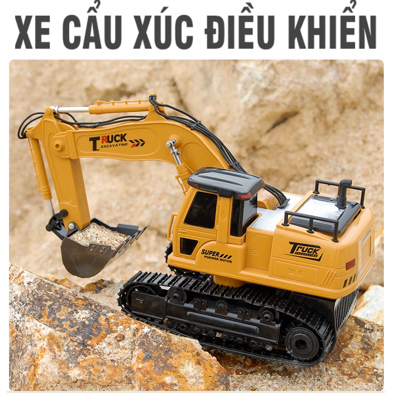 Xe cẩu xúc điều khiển từ xa có gầu xúc bằng kim loại mô hình cỡ lớn tỉ lệ 1:24 có âm thanh và đèn
