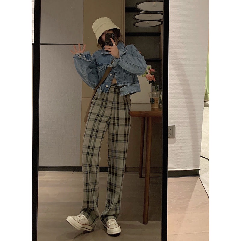 Quần dài ống rộng lưng cao họa tiết caro chất lượng cao