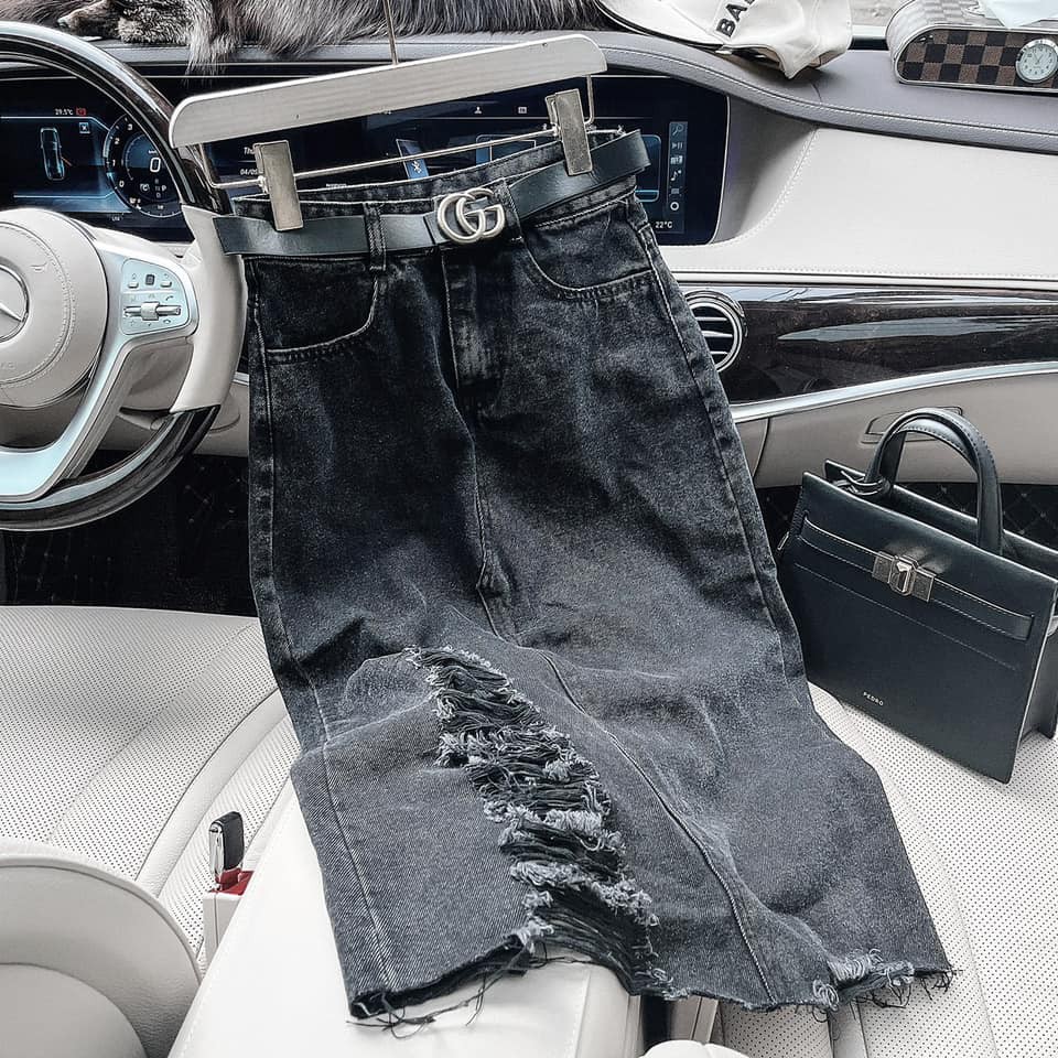 Chân váy jean nữ rách dáng dài