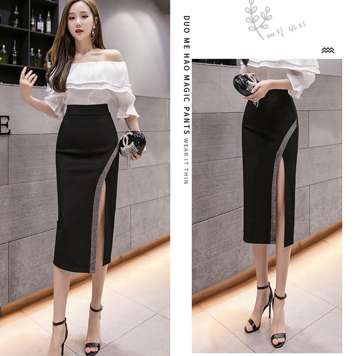 [CAO CẤP_TRỢ SHIP] Chân váy nữ body xẻ tà viền kim tuyến C052 chất lượng, co dãn, dự tiệc, văn phòng