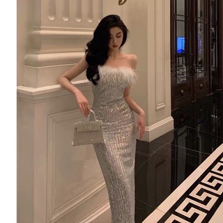 Váy ôm body cúp ngực sequin lấp lánh phối lông
