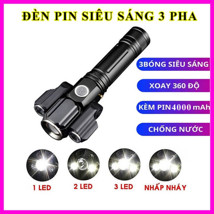 Đèn pin cầm tay 3 bóng siêu sáng xoay 360 độ pin sạc 18650 dung lượng 4000mAh chiếu xa 300m