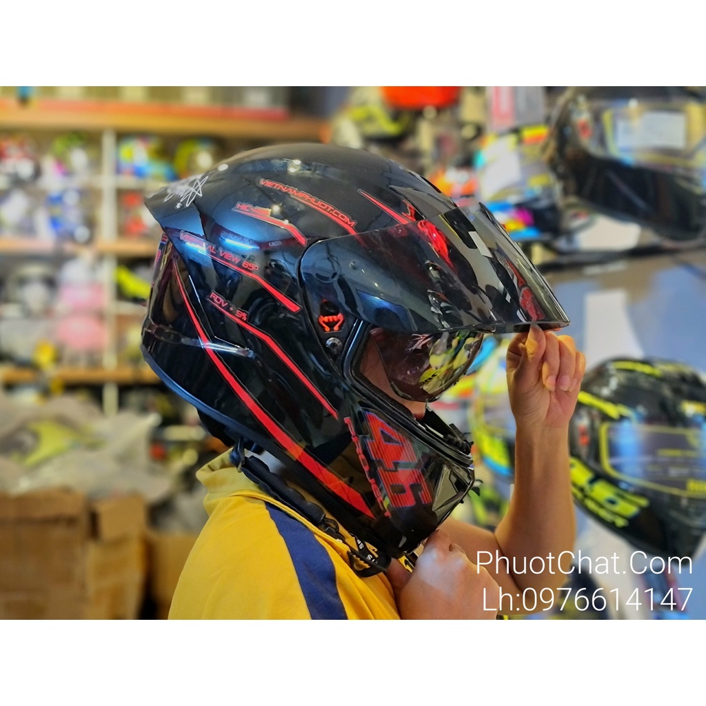 Nón bảo hiểm Fullface M266 2 kính đen bóng lên tem 46 đỏ