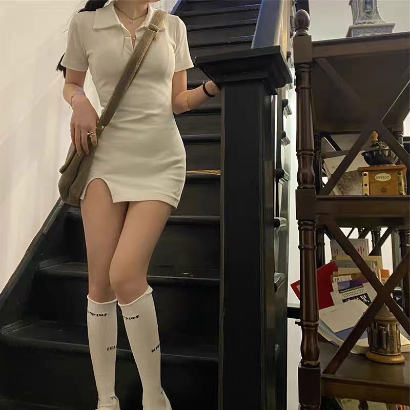 ĐẦM BODY CỔ POLO XẺ ĐÙI LEN GÂN