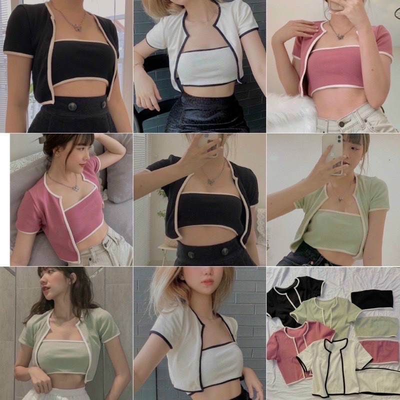Sét áo gân viền+áo ống croptop (sét 2món)