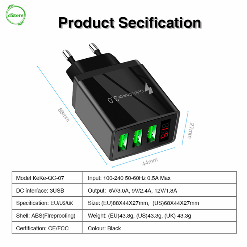 CF Quick charge 3.0 USB Charger 5V 3.1A LED Display Fast Charging Wall Phone Charger