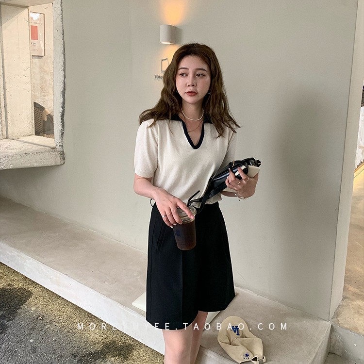 Xiaozhainv áo polo Dệt Kim Tay Ngắn Phong Cách Retro Hàn Quốc Thời Trang Cho Nữ 2 Màu Lựa Chọn