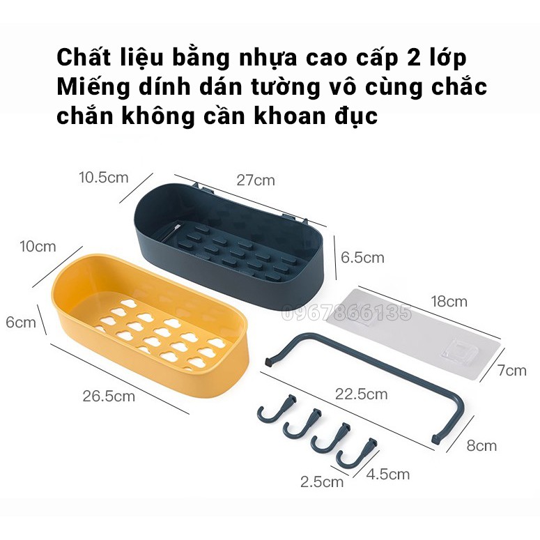 Giá treo tường đựng đồ nhà tắm hình chữ nhật có kèm móc treo bằng nhựa cao cấp 2 lớp