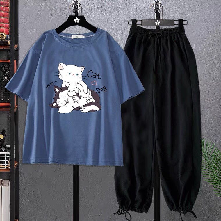 Sét Áo Cat, Dog + quần bom đen, Áo thun from rộng, Chất đẹp không xù, quần suông ống rộng, Sét bộ mặc ở nhà - MODY