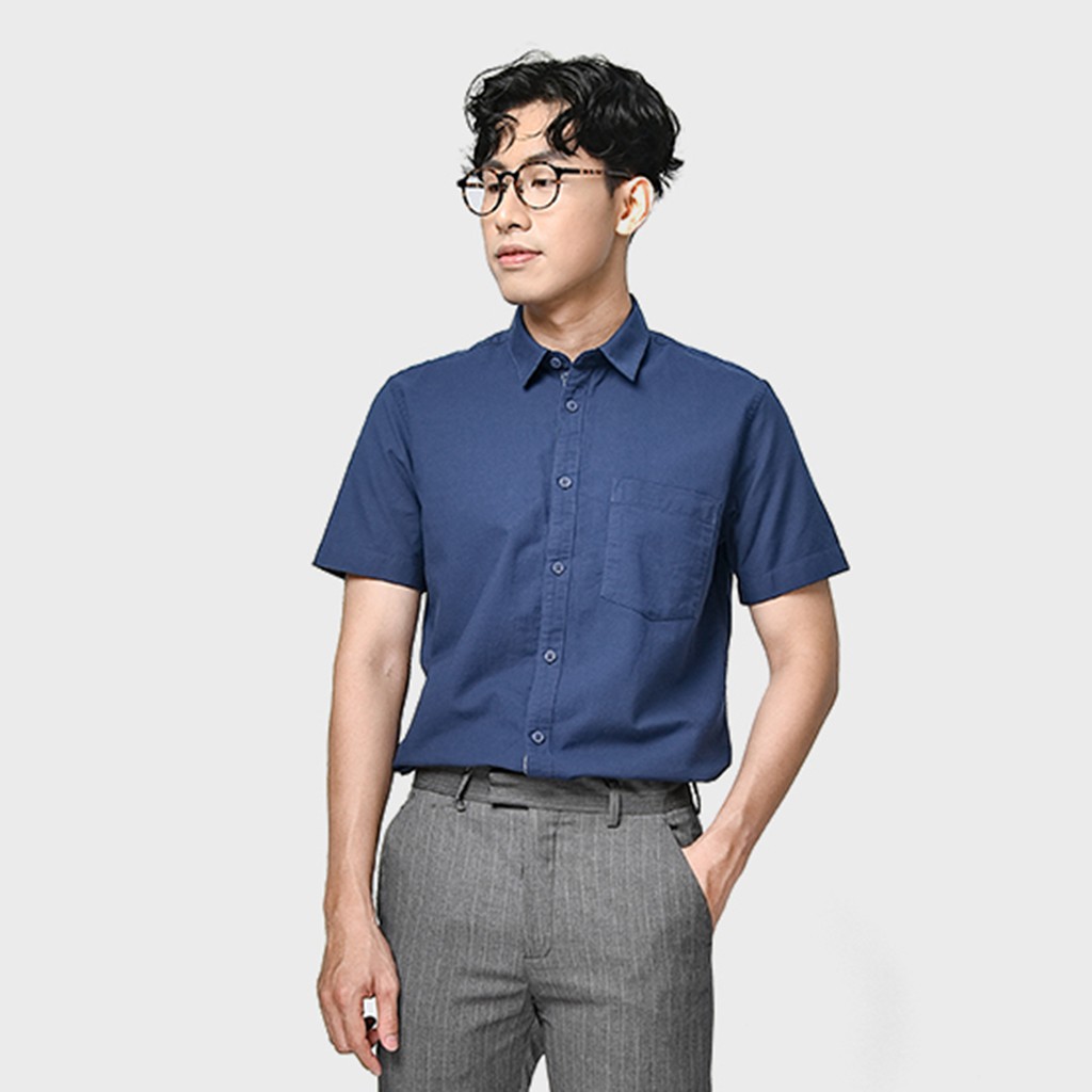 Áo sơ mi nam Routine màu navi tay ngắn cổ bẻ có túi vải Oxford 100% cotton hàng xuất khẩu Hàn Quốc