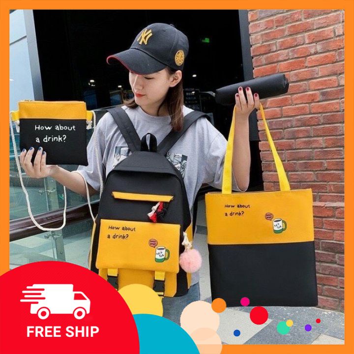 Combo 4 Món Gồm Balo trà sữa có khuy cài, Túi Tote, Ví, Bóp Viết siêu xinh