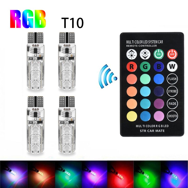 Set 4 đèn led cho xe hơi kèm điều khiển từ xa T10 6Smd 5050 Rgb