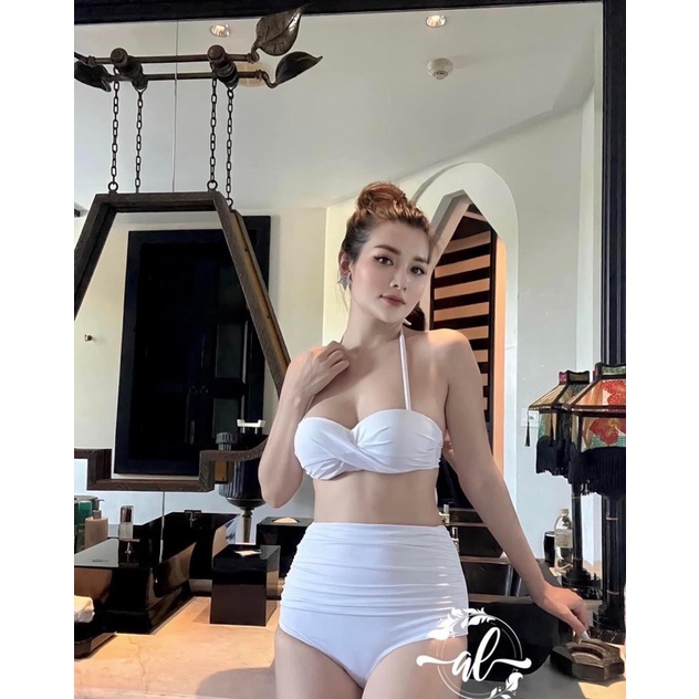 Bikini áo tắm 2mảnh gọng nâng quần lưng cao nhún bụng màu trắng ( có sẵn)
