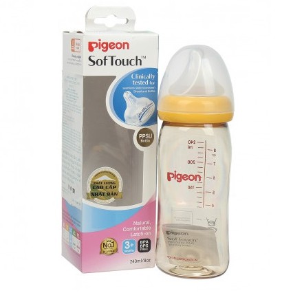 [Mã FMCGMALL - 8% đơn 250K] Bình sữa Pigeon 240ml cổ rộng PPSU Plus với núm vú silicone siêu mềm Plus