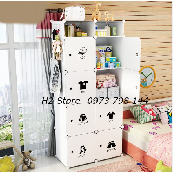 XƯỞNG TỦ ĐA NĂNG GIÁ RẺ ĐỂ TREO ĐỒ THÔNG MINH 8 Ô + 2 Ô NHỎ CỬA QUẦN ÁO CUTE sâu 47cm, vách trắng