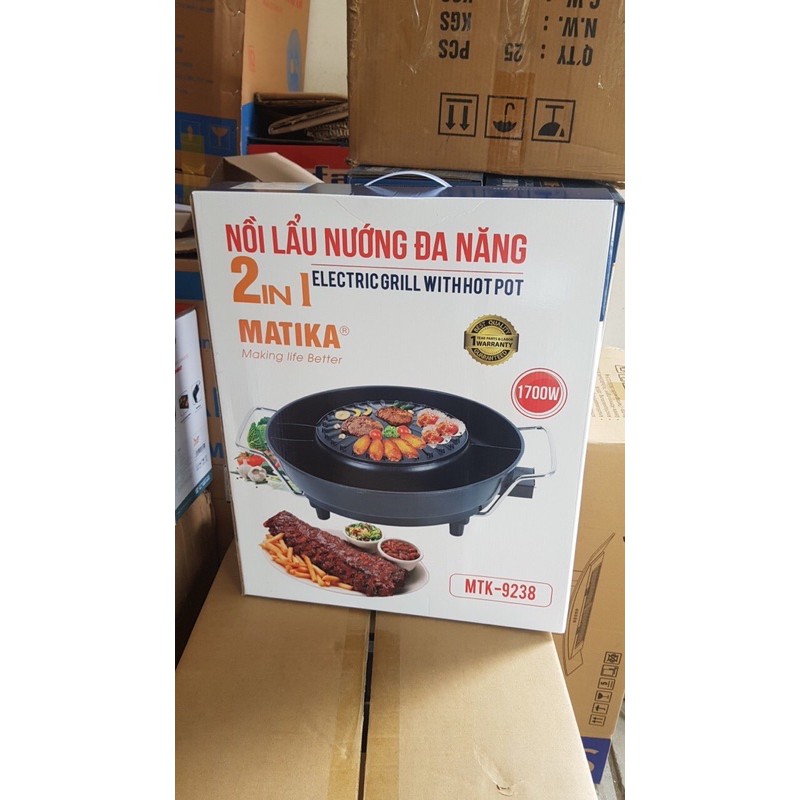 Nồi lẩu nướng,nồi điện lẩu nướng 2in1 Matika MTK-9238 đa năng,bảo hành 12 tháng