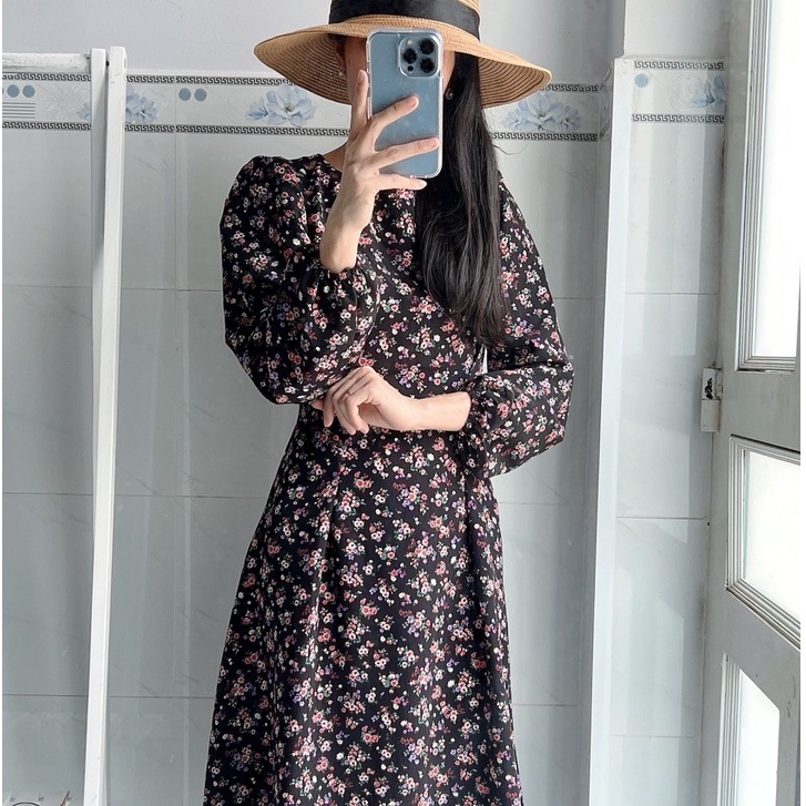 [Ảnh thật] Đầm midi hoa nhí tay dài cột nơ