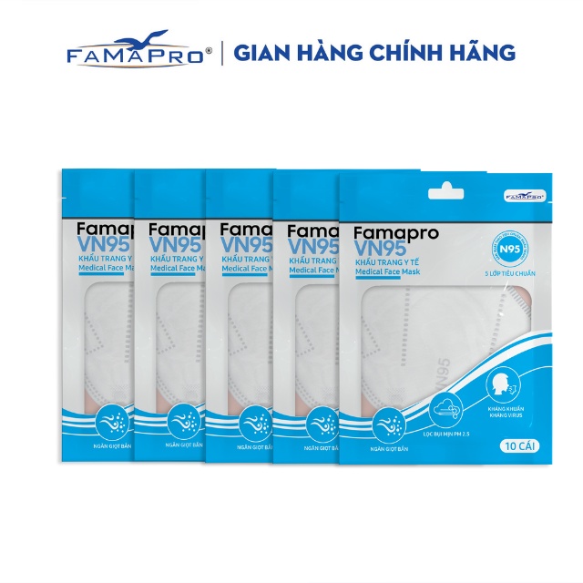 [PHIÊN BẢN MỚI -COMBO 5- VN95 5 LƠP - TÚI 10 CÁI] Khẩu trang y tế kháng khuẩn 5 lớp Famapro VN95