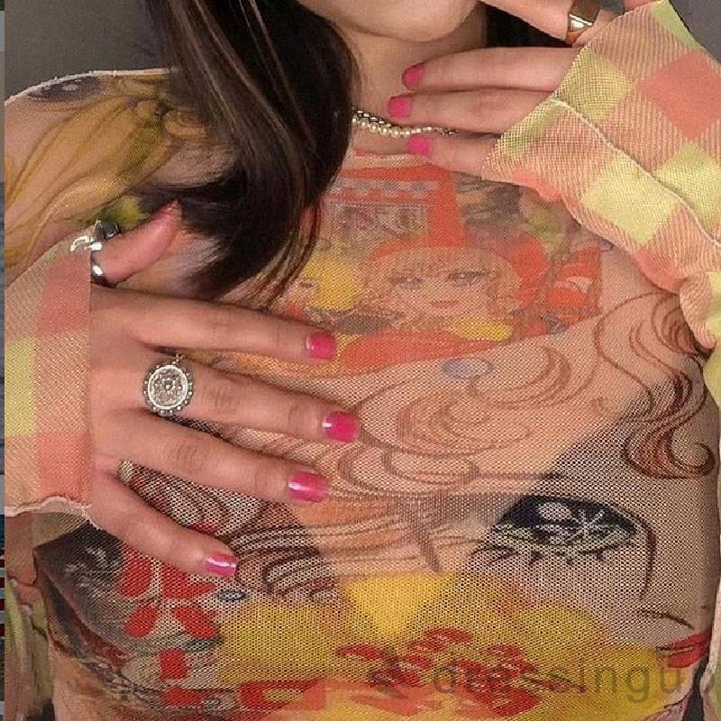 Áo thun tay dài cổ tròn in họa tiết hoạt hình phong cách thời trang cho nữ