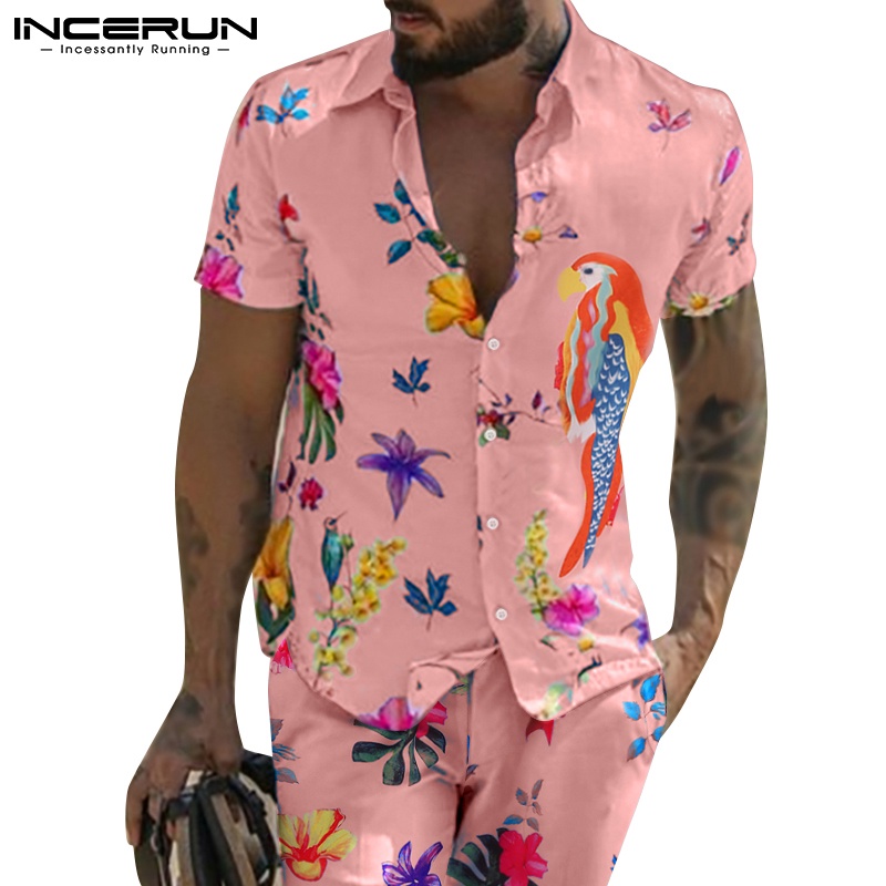 Set đồ 2 món INCERUN gồm áo sơ mi ngắn tay in họa tiết độc đáo + quần short thời trang cho nam