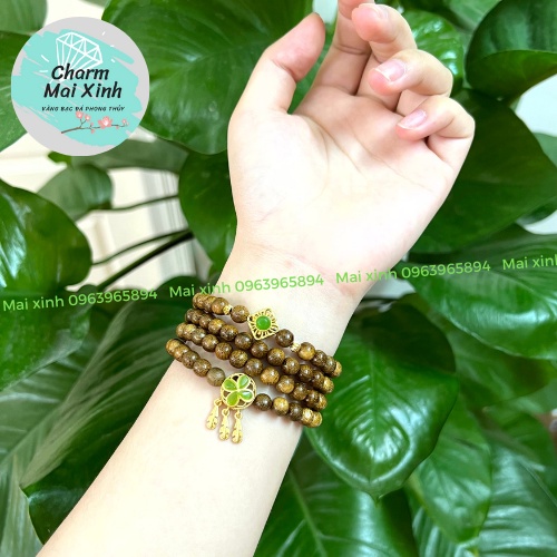 Chuỗi Trầm Hương Tốc 108 hạt 6mm phối Hoa Sen, Búp Sen mạ điện và Cỏ 4 Lá Lông Chim - Vòng Tay Gỗ tự nhiên Nữ phong thuỷ