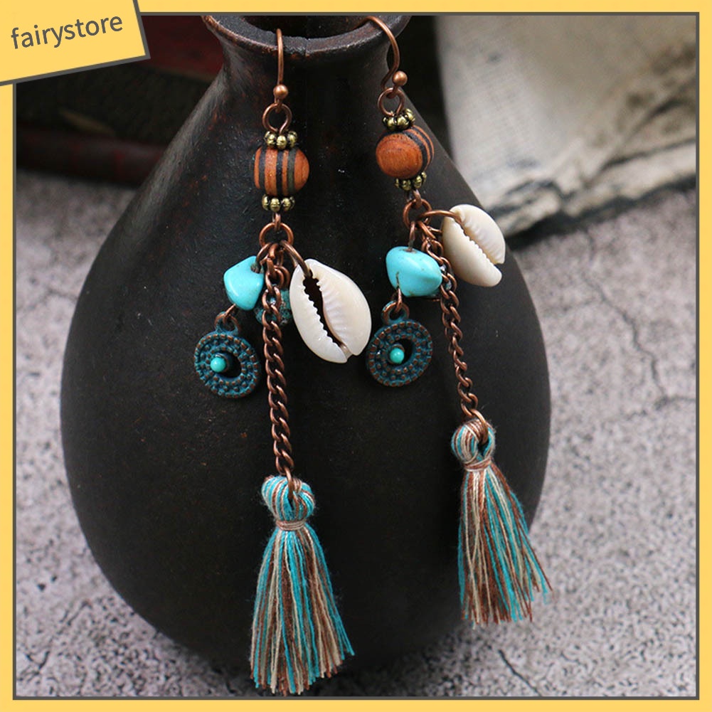 Khuyên tai tua rua kiểu dài đính vỏ sò phong cách Bohemian thời trang